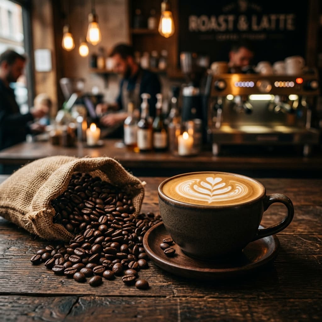 Latte art in a white cup surrounded by roasted coffee beans
